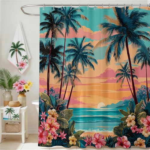 Mocsicka Tropical Shower Curtain Summer Coastal Palm Trees Floral Beach Shower Curtain Hawaii Sea Florals Decor Bath Curtain for Summer Bathroom Deocr Waterproof Bath Curtains 72 X 72 Inch