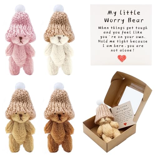 KCMOSGI 4 PCS Mini Worry Bear with A Hat Positive Mini Bears Little Worry Bears in A Box with Encouragement Little Card Soft Handmade Pocket Bear for Lovers Family Friend