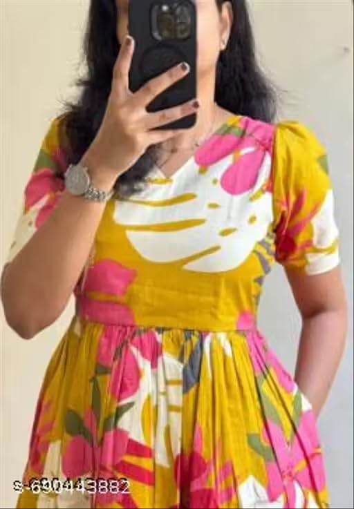 Image of Yellow Floral Print Midi Dress and Kurta, Short Sleeve Fit and Flare Summer Kurta with Gathered Waist
