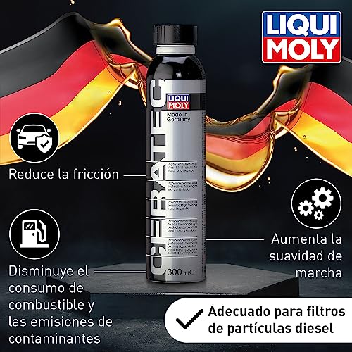 Botella de Cera Tec de Liqui Moly resaltando la reducción de fricción y el aumento de suavidad en la marcha, adecuada para gasolina y diésel