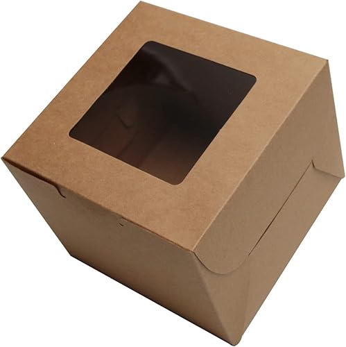 PQZKLDP Paquete de 12 cajas de pastel de papel kraft marrón de 6 x 6 x 5 pulgadas con ventana, embalaje de regalo, cajas de panadería, postres,