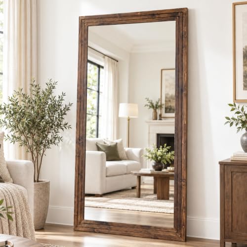 ABSWHLM 81x41in Full Length Mirror, 3-Tier Stepped Solid Wood Frame, Brown