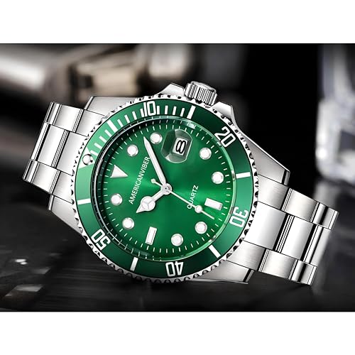 Image of AMERICANVIBER Luxury Diver Watch with Green Dial, Stainless Steel Band, Date Display, Quartz Movement
