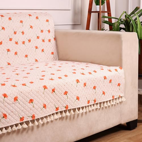 Image of STITCHNEST Quilted Velvet Sofa Cover with Tassels - 24x60 Inch, Orange Floral Print with Stripes, Soft & Elegant, Washable Sofa Protector for 1-Seater