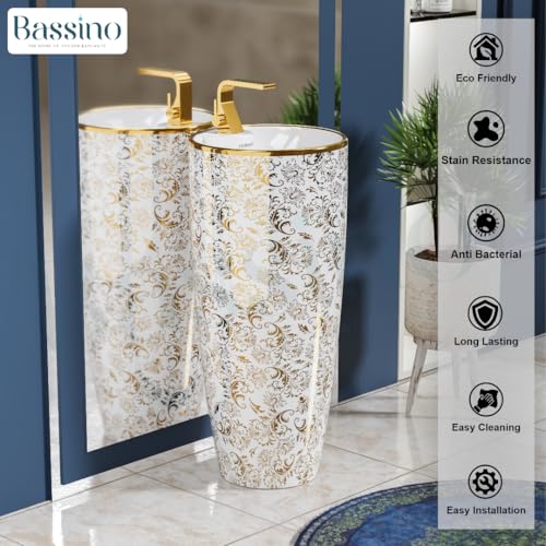 Image of BASSINO 15x15x34 Inches Ceramic Pedestal Wash Basin /7 Years Warranty /One Piece Free Standing Basin For Bathroom /Living Room /Round Modern Sink For Hotel /Floor Mounted Washbasin(Glossy White & Gold)