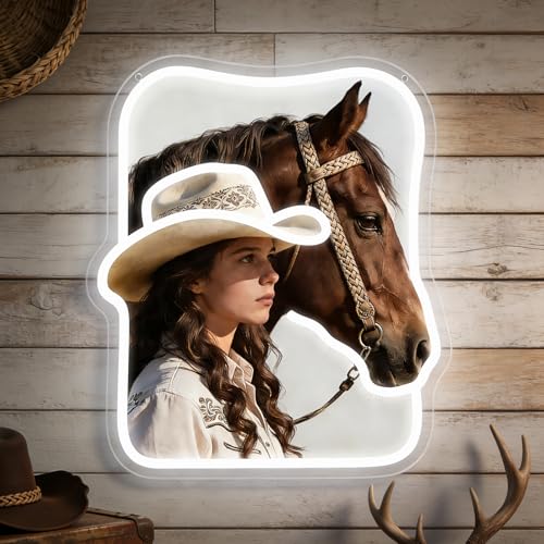 Image of Cowgirl and Horse Neon Sign - UV Printed LED Wall Light for Western Decor, Aesthetic Room Decor for Bedroom, Bar, Man Cave, Unique Gift for Horse Lovers