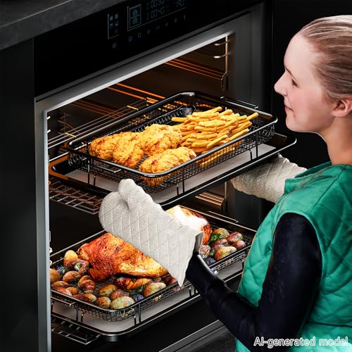 Image of Air Fryer Basket for Oven,2 Set Air Fryer Basket and Tray Set with 60 Sheets Parchment Papers,THORSES Food-Grade Stainless Steel Air Fryer Pan and Crisper Tray-Black Large15 inchx11 inch&Medium13.4 inchx9.6 inch