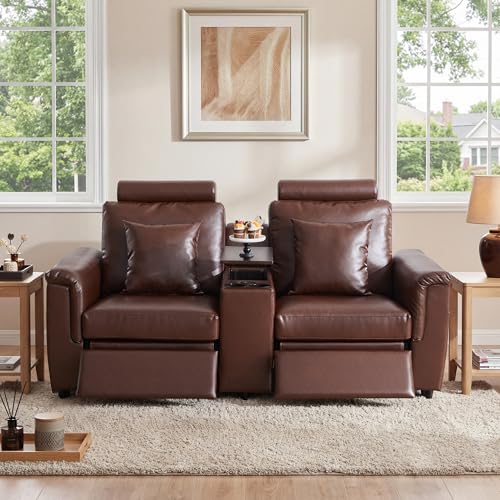 Image of RARZOE Modular Sofa Console Module with Storage, Faux Leather Storage Console with Table &USB Port&Cup Holder, Modular Sectional Sofa Module for Living Room Home Theater,Brown