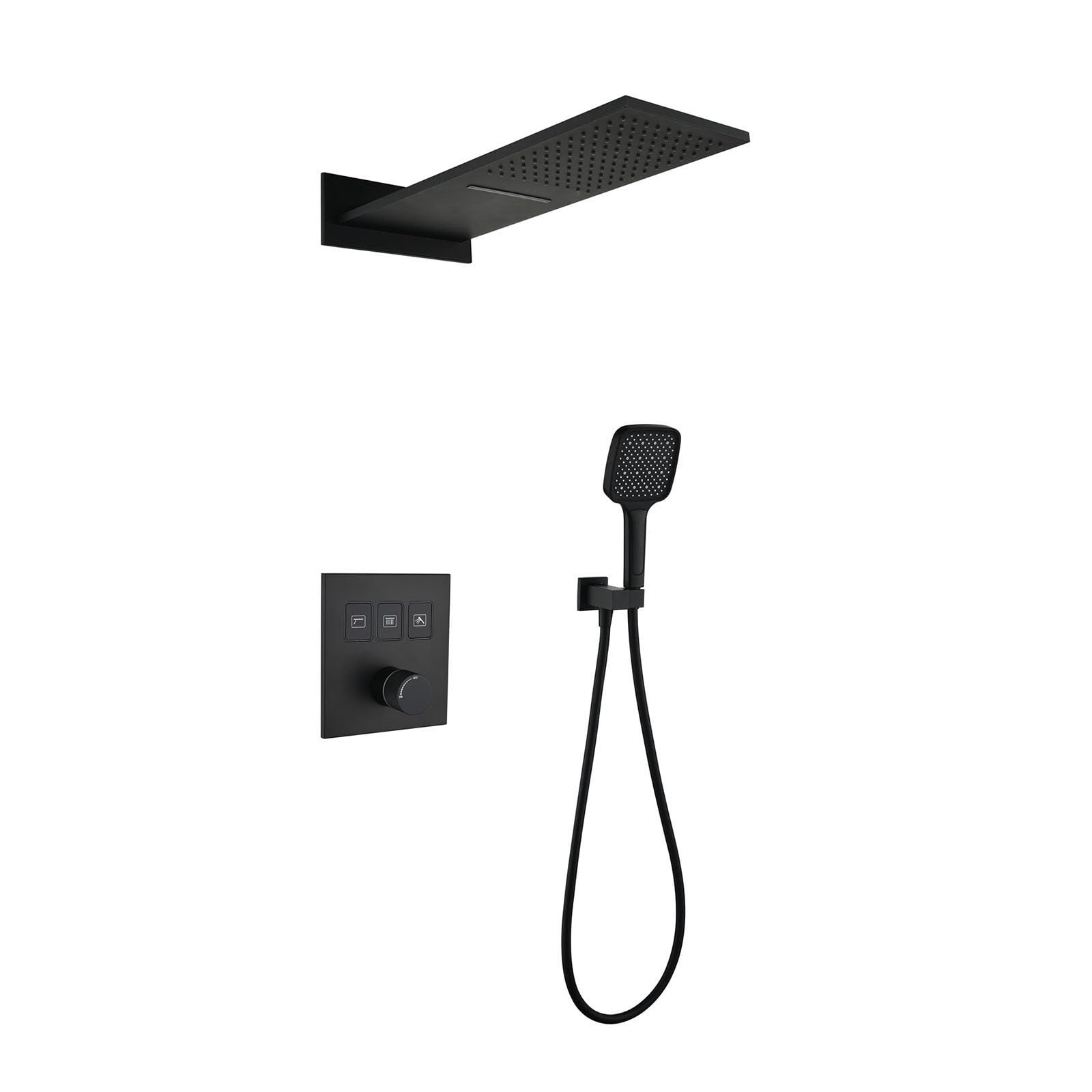 XJTNLB Columna Ducha de Pared Empotrado Negro Cascada Ducha Efecto Lluvia, Duchas de Baño Empotradas con Teclas de Piano