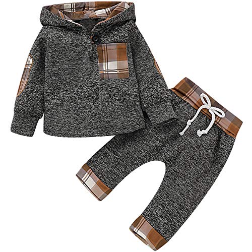 Toddler Baby Boy Outfit Set Infant Plaid Long Sleeve Christmas Hoodie Xmas Sweatshirt Pants Kids Fall Clothes (6-12 Months, Brown Plaid)