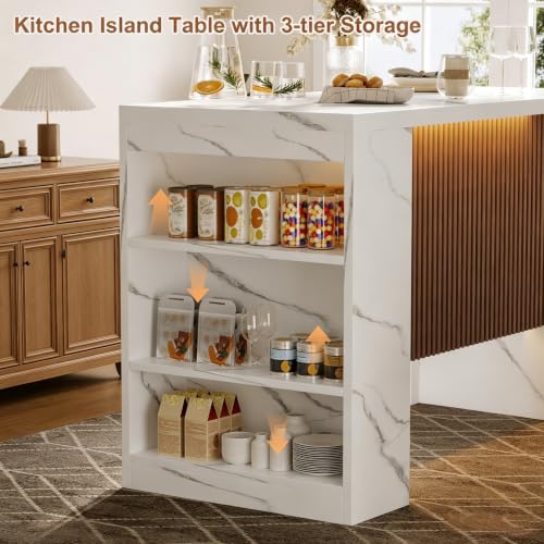 Image of Faux Marble Kitchen Island Table with Storage,LED Lights and Power Outlet | Imitation Marble Dining Table with Grille Design, Modern Rectangular Kitchen Dining Table for Dining Room,Living Room