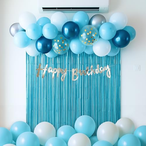 Image of The FOMO Factory 53 Pcs Pastel Blue Birthday Decoration Kit | Metallic Shiny Balloon Arch + Large Pastel Blue Curtain + HBD Banner | Easy Birthday Decoration for Boy, DIY Kids Party Prop (Blue53)