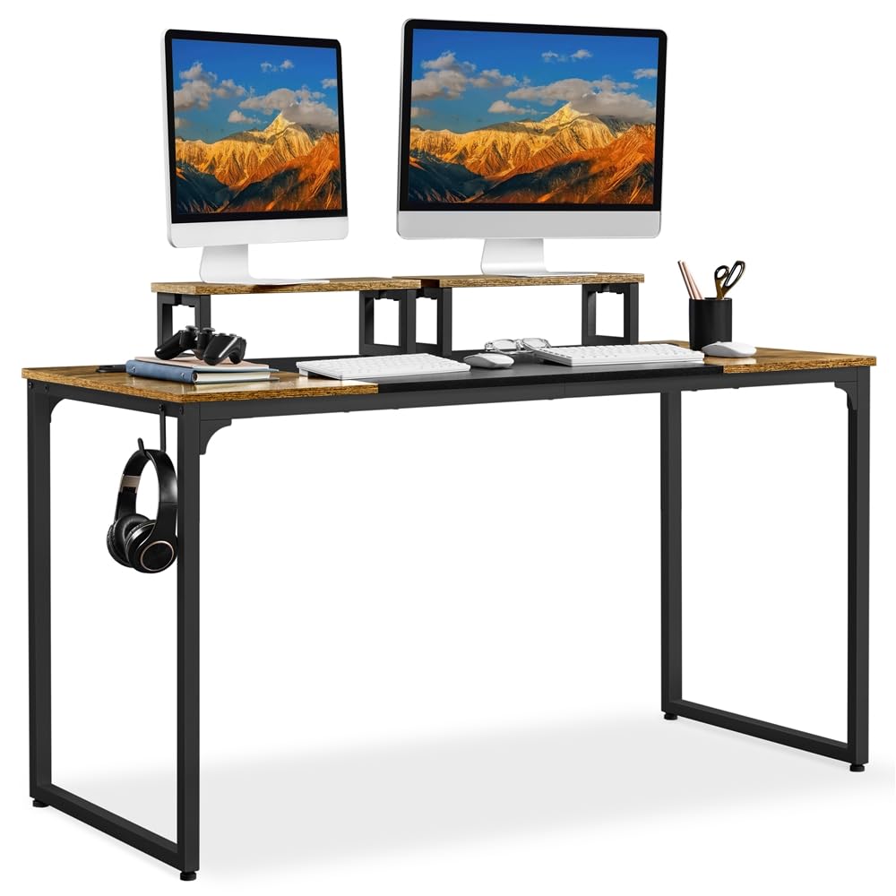 Yaheetech Schreibtisch Computertisch, Arbeitstisch Lerntisch mit 2 Motorhalterung/2 Kabeldurchführungen/1 Kopfhörerhaken, 140 × 60 × 89,5 cm, Rustikales Braun