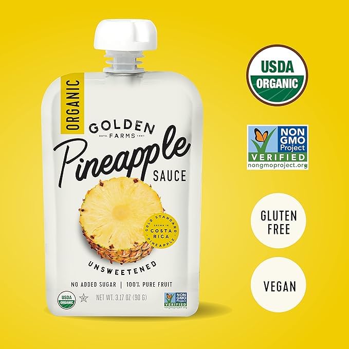 Golden Farms Pineapple Pouches, Single Ingredient Healthy Snacks, 100% Pure Fruit, No Added Sugar, Vegan, Gluten-Free, Kosher, Organic Squeeze Pouch 3.17oz Each thumbnail