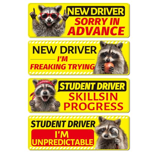 Image of Student Driver Sticker Magnet for Car - Cosmisun 4 Pcs Raccoon New Driver Magnet for Car Funny Animals Reflective Magnetic Vehicle Bumper Stickers Decal Safety Sign for Teens New Driver Learner