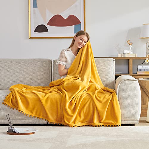 Beautex Fleece Throw Blanket With Pompom Fringe, Yellow Flannel Blankets And Throws For Couch, Super Soft Cozy Lightweight Plush Throw Blanket (50" X 60") #TOP4