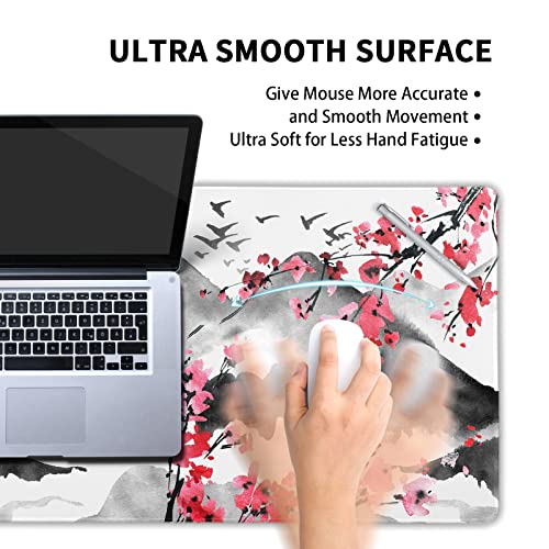 Image of Sweetshow Japanese Cherry Blossom Mouse Pad 35.4 X 15.7 Inch XXL Full Desk Pink Watercolor Sakura Cool Design Gaming Mousepad Extended Large Non-Slip Rubber Base Keyboard Mat with Stitched Edges