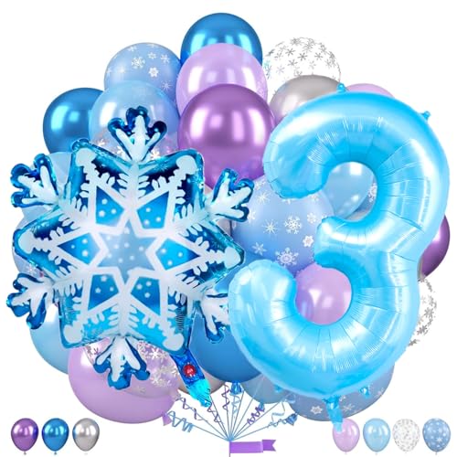 Frozen Birthday Party Decorations, 40 Inch Number 3 Balloon, Frozen Balloons, Metallic Silver Blue Purple Snowflake Balloons For 3 Year Old Birthday Decorations Girl
