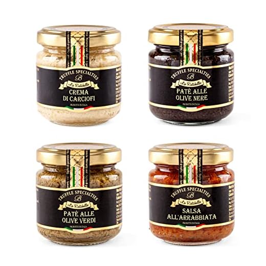 La Rustichella - Set Crema di Carciofini 90g, Patè di Olive Verdi 90g, Patè di Olive Nere 90g e Patè Arrabbiata 90g, Vegan, Gluten Free, Cholesterol Free - Prelibatezze Italiane