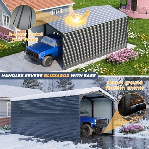 Image of Metal Carport 12x20ft Heavy Duty 2-Sided Enclosure | Military-Grade Reinforced Garage Kits with Steel Roof & Hurricane | 100lbs /Sq.Ft Snow /Camper /Truck Shelter