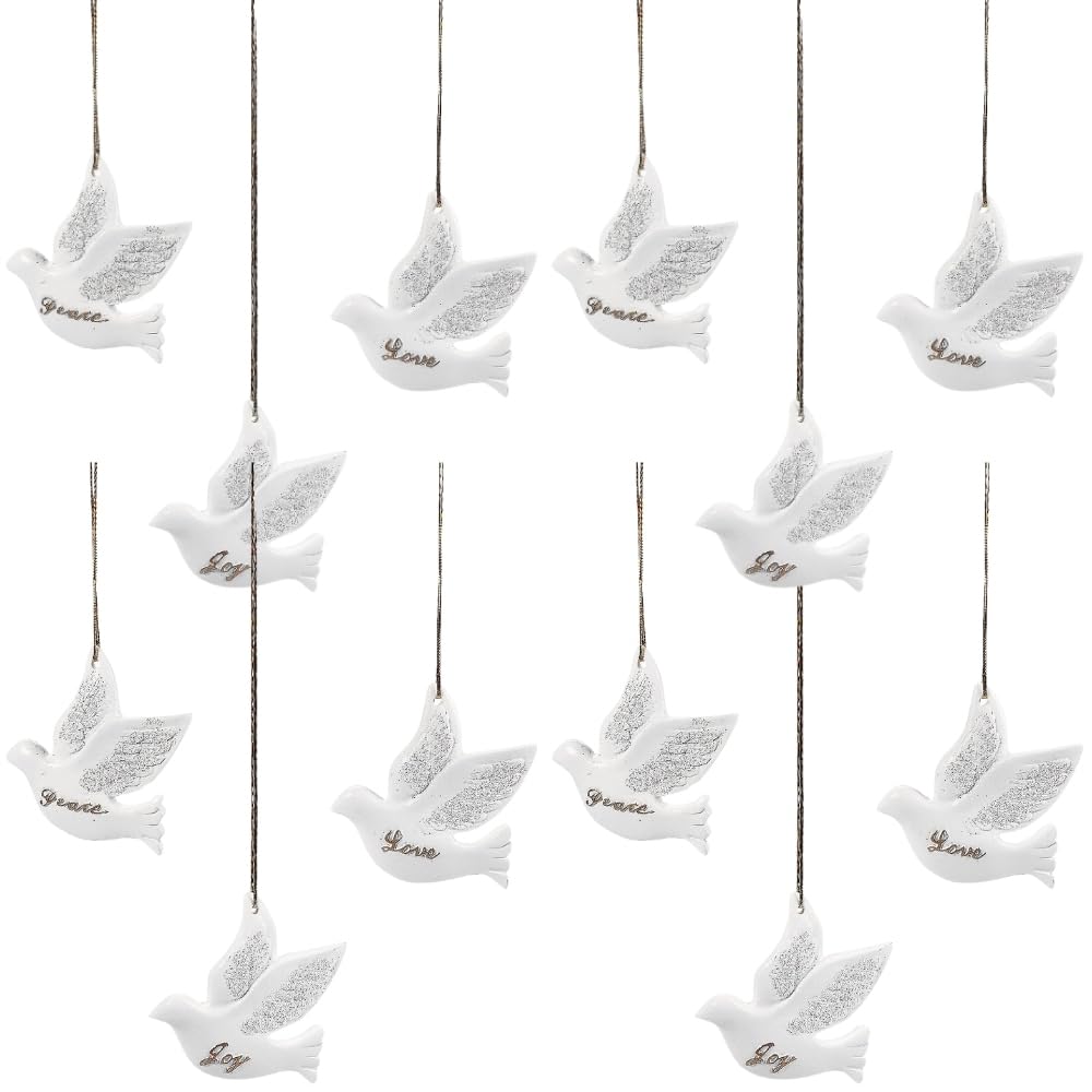 Fun Express Vintage Christmas Ornaments White Dove Set of 12 - Peace Love Joy Resin Bird Ornaments for Christmas Tree Decorations | Traditional Holiday Decor for Home & Gift Giving