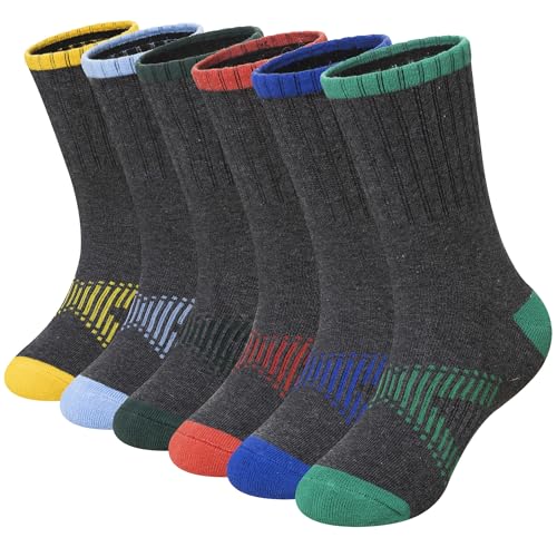 Eyean - Boys Athletic Crew Socks Kids Half Cushioned Sport Running Arch Support Breathable Cotton Socks 6 Pairs (Grey#02, 9-12 Years)