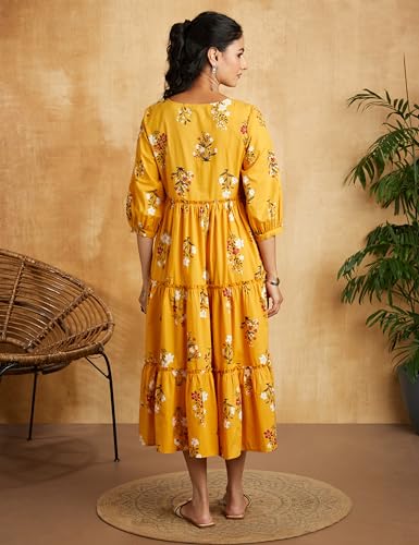 Image of Amazon Brand - Myx Women Cotton Printed Tiered Dress (Available in Plus Sizes)