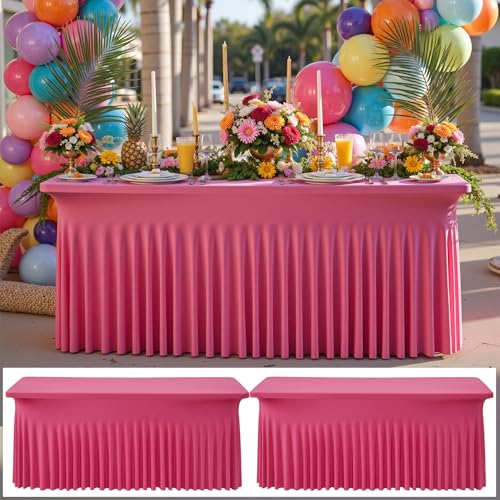 Image of NSSONBEN 2 pk Hot Pink Spandex Tablecloth for 6 Foot Rectangle Tables, Wrinkle Free Fitted Spandex Table Covers 6ft Stretch Table Cloths with Ruffle Skirt for Parties Weddings Banquet Baby Shower