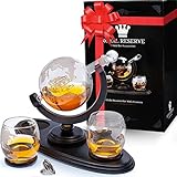 Globe Whiskey Decanter Gift Set by Royal Reserve | Handmade Home Bar Decor Airtight Liquor Dispenser with Scotch Glasses Coasters – Gift for Men Dad Boyfriend Husband Anniversary or Retirement 850 ML