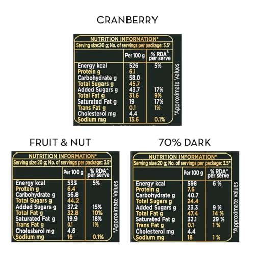 Image of Cadbury Bournville Dark Chocolate Bars Combo (2 x Cranberry78 gm, 2 x Fruit & Nut 75 gm, 2 x 70% Dark Chocolate Bar 75 gm)
