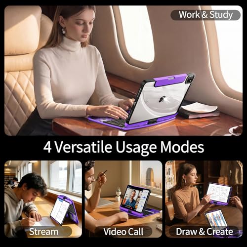 Image of Transparent Keyboard Case for iPad Pro 13 Inch (M5 2025 /M4 2024) with Multi-Touch Trackpad, 360 Rotating Stand, 7-Color 3-Level Backlit, Wireless Bluetooth, Pencil Holder, Purple