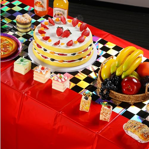 Image of 3Pack Iridescent Race Car Plastic Tablecloth, Disposable Shiny Laser Red and Black Checkered Table Cloth, Holographic Foil Rectangle Tablecloth for Race Car Boys Birthday Party Decorations, 54x108Inch