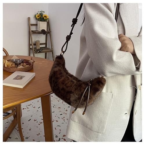 Image of Leopard Fluffy Sling Dumpling Bag Cheetah Print Fuzzy Furry Shoulder Crossbody Crescent Bag Leopard Plush Horn Bag