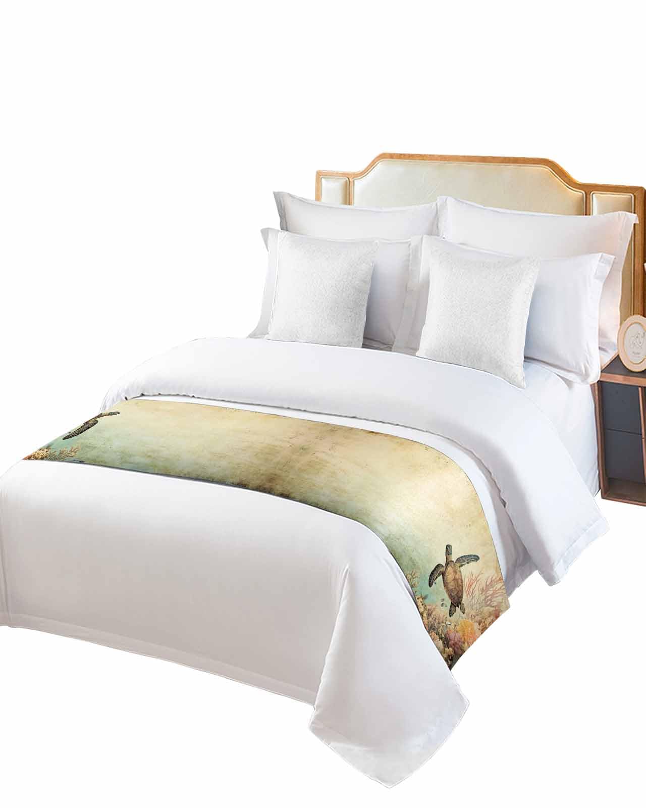 Retro Turtle Bed Runner for King Size, Ocean Coral Reef Coastal Underwater Sea Bedspread Protector Slipcover Bed Scarf for Foot Runners & Scarves for Bedroom Hotel Wedding Room 102x20 Inches