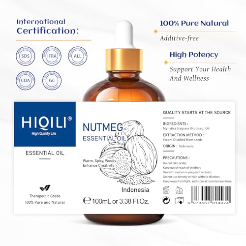 Image of HIQILI Nutmeg Essential Oil 3.38 Fl Oz, Pure Natural Nutmeg Oil for Aromatherapy, Diffuser - 100ml