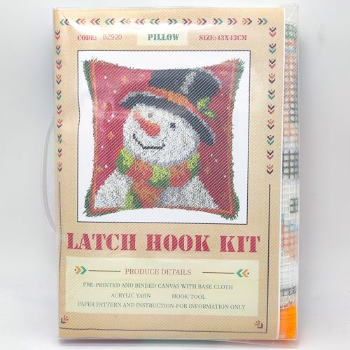 Image of Howie's Latch Hook Kit, DIY Christmas Pillow Crochet Yarn Kits for Adults, Color Preprinted Pattern Embroidery Sofa Cushion Cover (Christmas-Snowman, 16.93 x 16.93 inch)