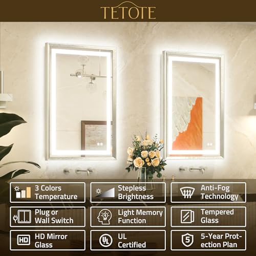 TETOTE 40 x 32 Led Mirror Brushed Bright Nickel Metal Frame Frontlit & Backlit Vanity Mirror Anti-Fog Stepless Dimmable 3 Colors White/Warm/Natural Wall Mirror with Lights Wall-Mounted