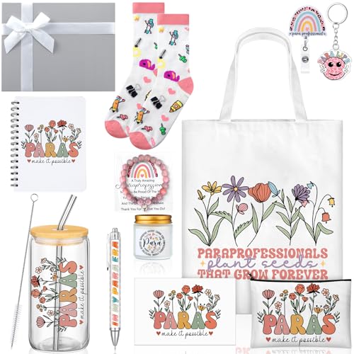 Remerry 12 Pcs Paraprofessional Appreciation Gifts Teacher Gifts for Women PARAS Make It Possible Includes Tote Bag Cosmetic Bag Glass Cup Candle Pen Notebook Bracelet Badge Holder for Paraeducator
