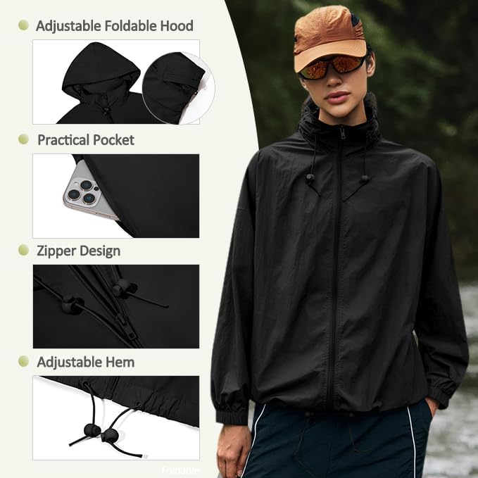 Yousify Womens Waterproof Rain Jackets Lightweight Zip Up Raincoat Outdoor Hiking Hooded Windbreaker with Pocket - Image 2