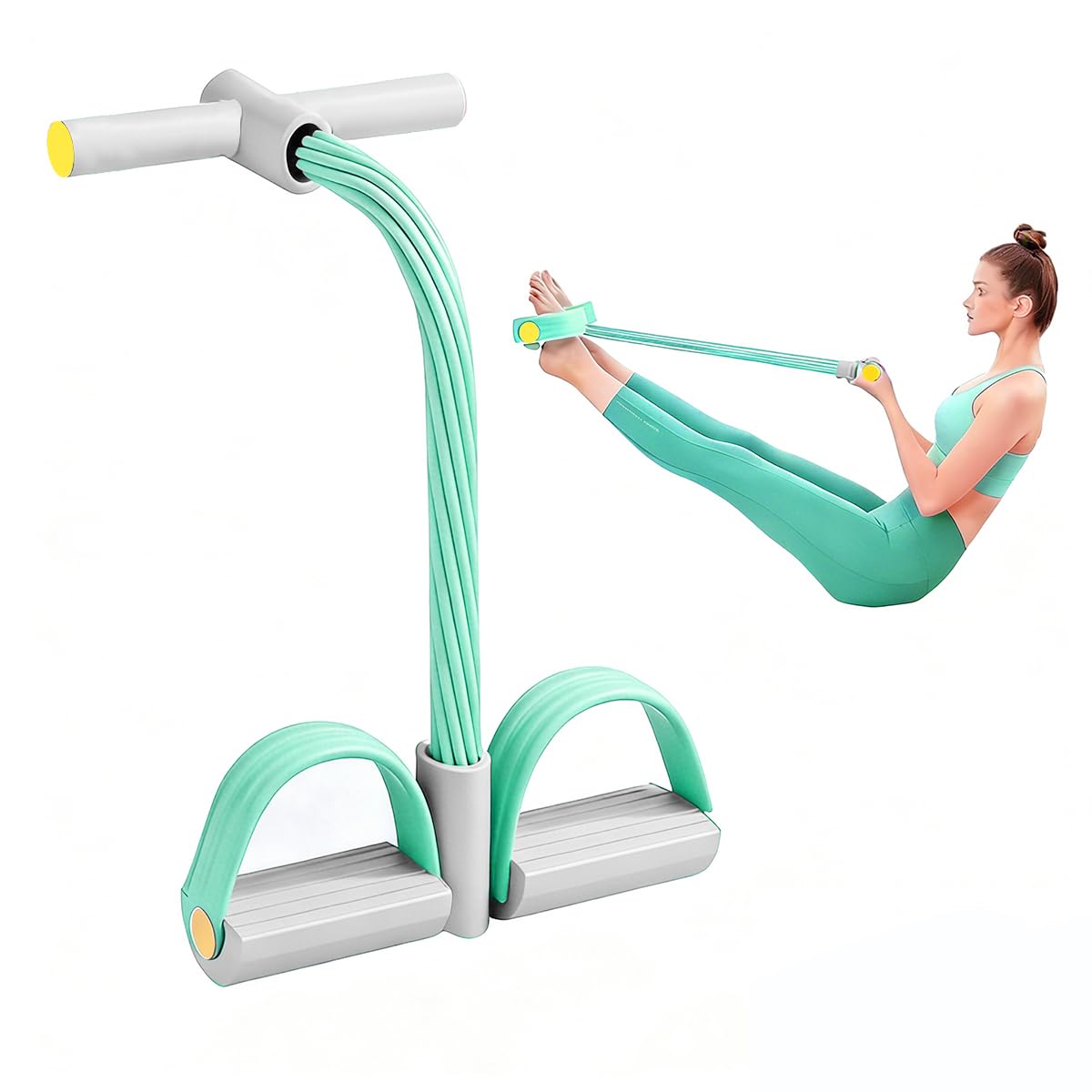 Garegce 6 Tubes Pedal Resistance Band,Sit Up Pull Rope,Abdominal Trainer with Foot Pedal,Full Body Home Workout Equipment for Abs,Legs,Arms,Elastic Band for Slimming,Strength Training-Grey-Green