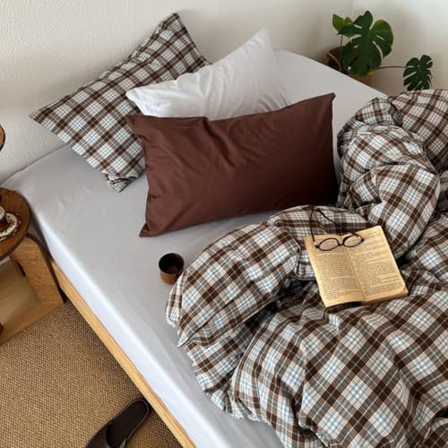 Image of Gingham Duvet Cover Full Size Brown Blue Buffalo Plaid Bedding Set 3 Pieces Vintage Grid Checkered Soft Lightweight Microfiber Comforter Cover Set with Zipper Closure and 2 Pillowcases