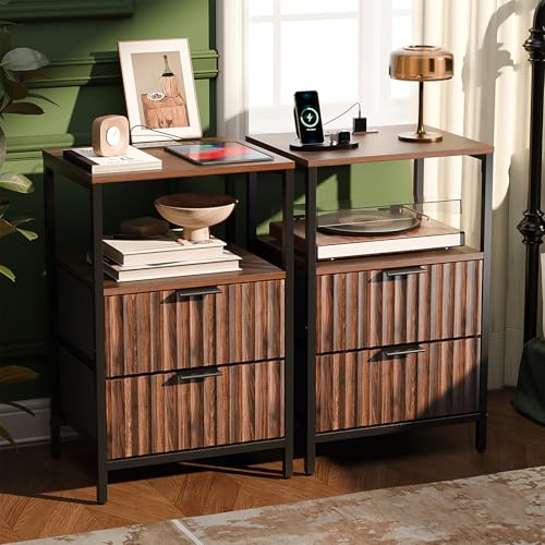 Image of VINGLI Nightstands Set of 2 with Fabric Drawers, Walnut Nightstand with Charging Station, Night Stands Fluted Bedside Tables /End Tables with Charger Station, Side Table Bedroom, Small Night Stand