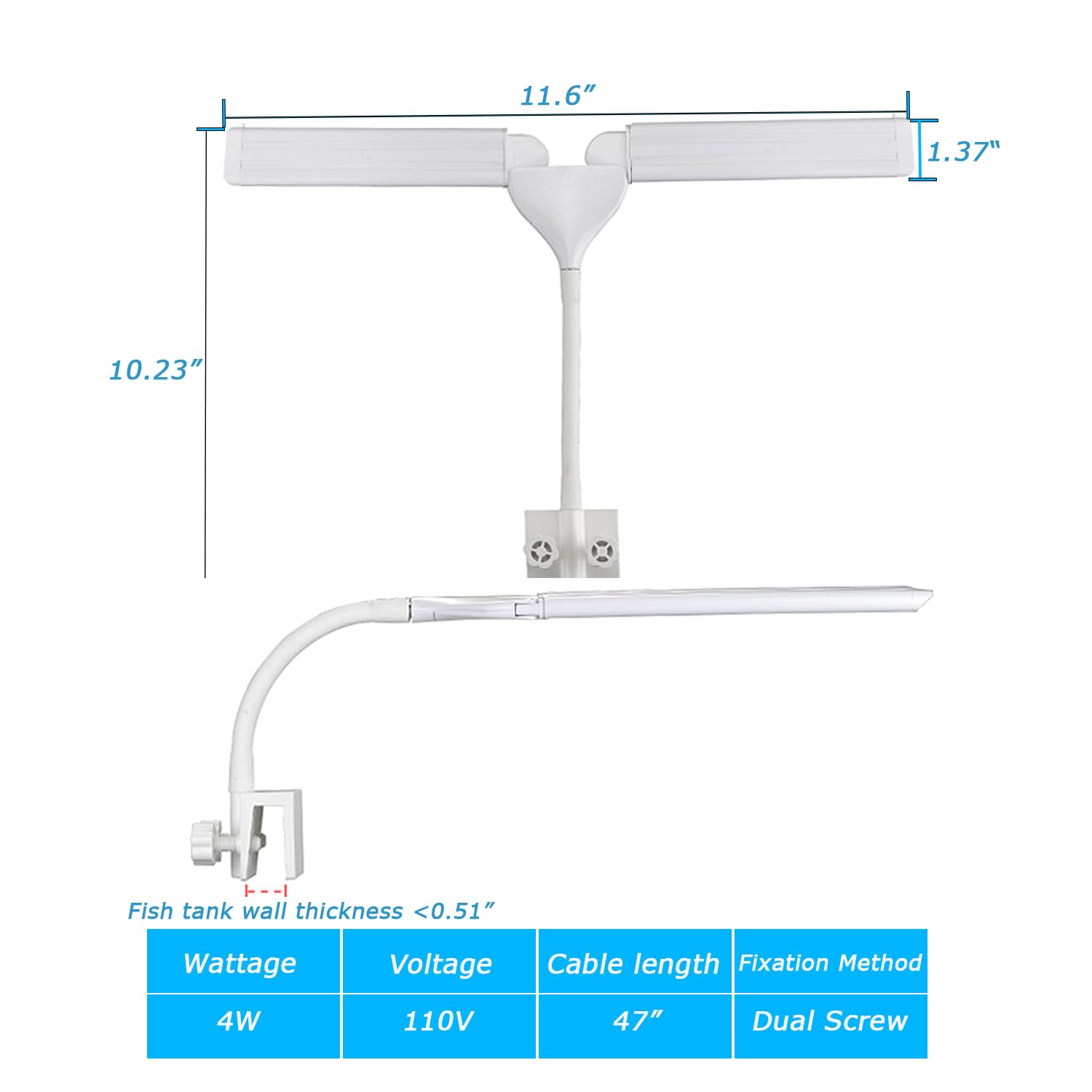 Luz LED de acuario con clip de espectro completo para peceras, luz de doble brazo oscilante, 4 W, adecuada para peceras de 5 a 20 galones