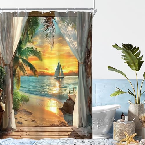 Image of Riyidecor Beach Ocean Sea Shower Curtain 48Wx72H Inch Narrow Summer Beachy Seaside Coastal Hawaiian Sunset Tropical Sunrise Scenery Wooden Girly Bathroom Decor Fabric Polyester Waterproof 8 Pack Hooks