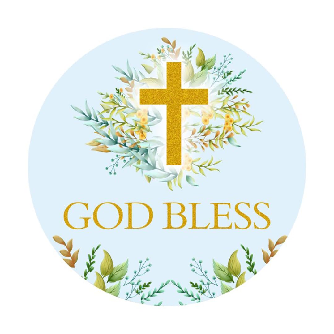 Blue 2" Round 50 Pack Cross Stickers Candy Sticker Labels for Religious Party, Baptism, Confirmation, Christening, First Communion, Birthday Party