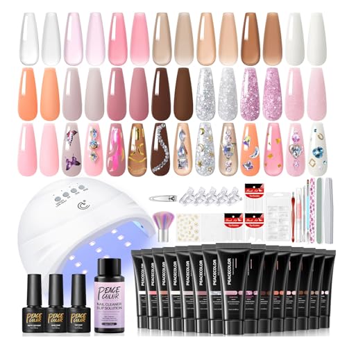 PEACECOLOR Poly Nail Gel Nägel Set mit UV Lampe, 15 Farben Poly Nagelgel Set 16ML und Slip Solution Base Top Matte Coat Acrylnägel für Quick Extension Selber Machen