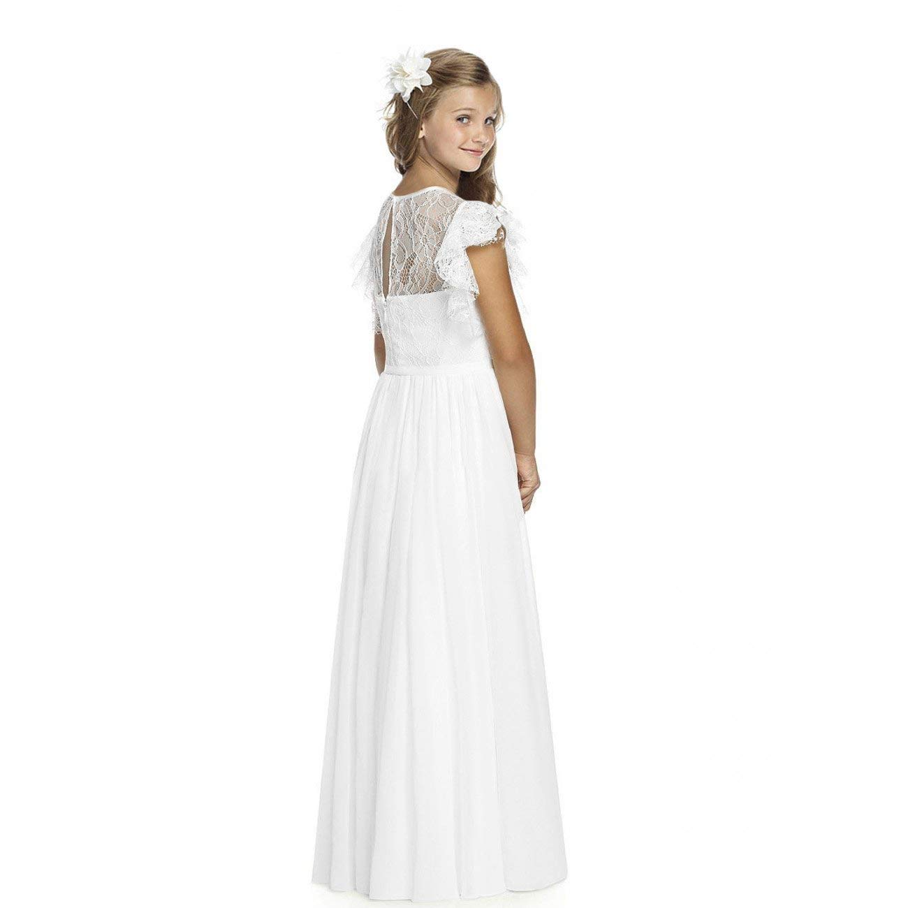 Boho Longue robe en dentelle pour enfants Robe en mousseline de soie avec ceinture et manches courtes papillonsChic Aligne Robes de communion Robes de demoiselle d'honneur Robes de demoiselle