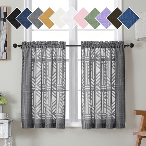 Simplebrand Grey Sheer Kitchen Curtains 36 Inch Length Tier Curtains 2 Panels, Light Filtering Geometric Jacquard Clip Textured Semi Sheer Curtains Short Window Curtains for Bathroom, 42x36 inch