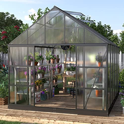 AMERLIFE 12x10x10FT Polycarbonate Greenhouse 2 Sliding Doors 4 Vents Walk-in Premium Professional Greenhouse Storage Shed Sunroom Aluminum Large Hot House for Outdoor Garden Backyard Matte Black