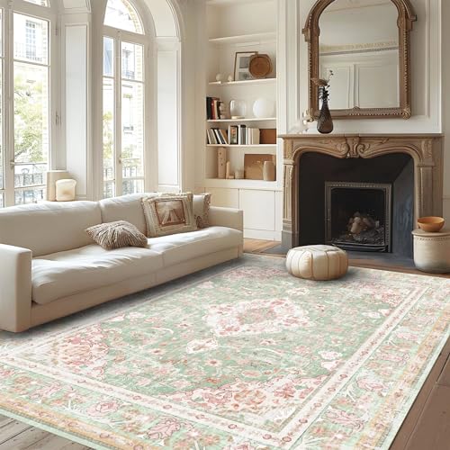 Image of Vhong Washable Area Rugs Boho Vintage Modern Neutral Large Carpet Green and Pink High Traffic Rugs 6×9 for Dinning Room Living Room Bedroom Farmhouse Non Slip